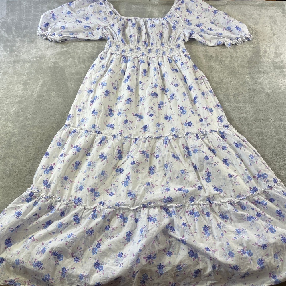 Love Shack Fancy Maxi Dress Large White Blue Floral Smocked Puff Sleeve Tiered